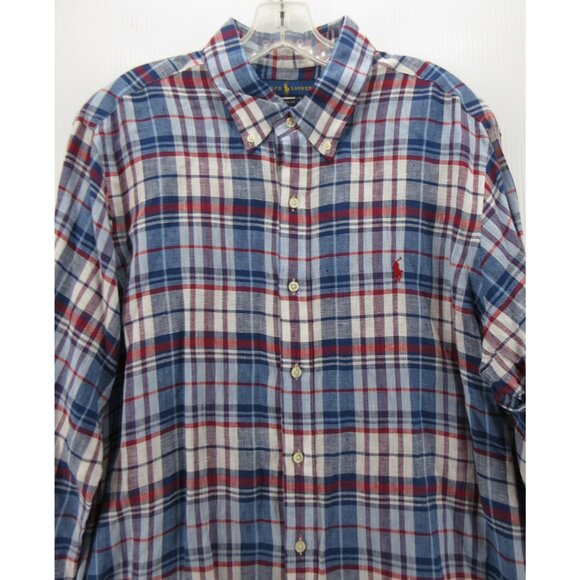 Ralph Lauren Shirt Large Linen Plaid Button Down Red Pony Classic Fit - Picture 2 of 11